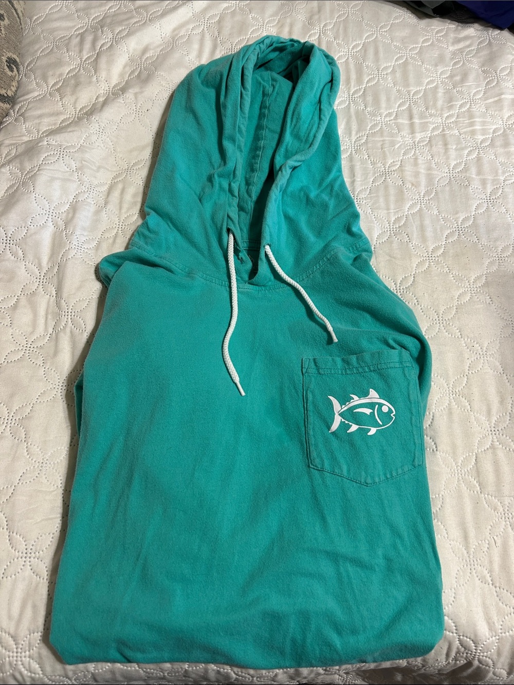 LARGE Teal Hooded Pullover with Pocket Fish Graphic